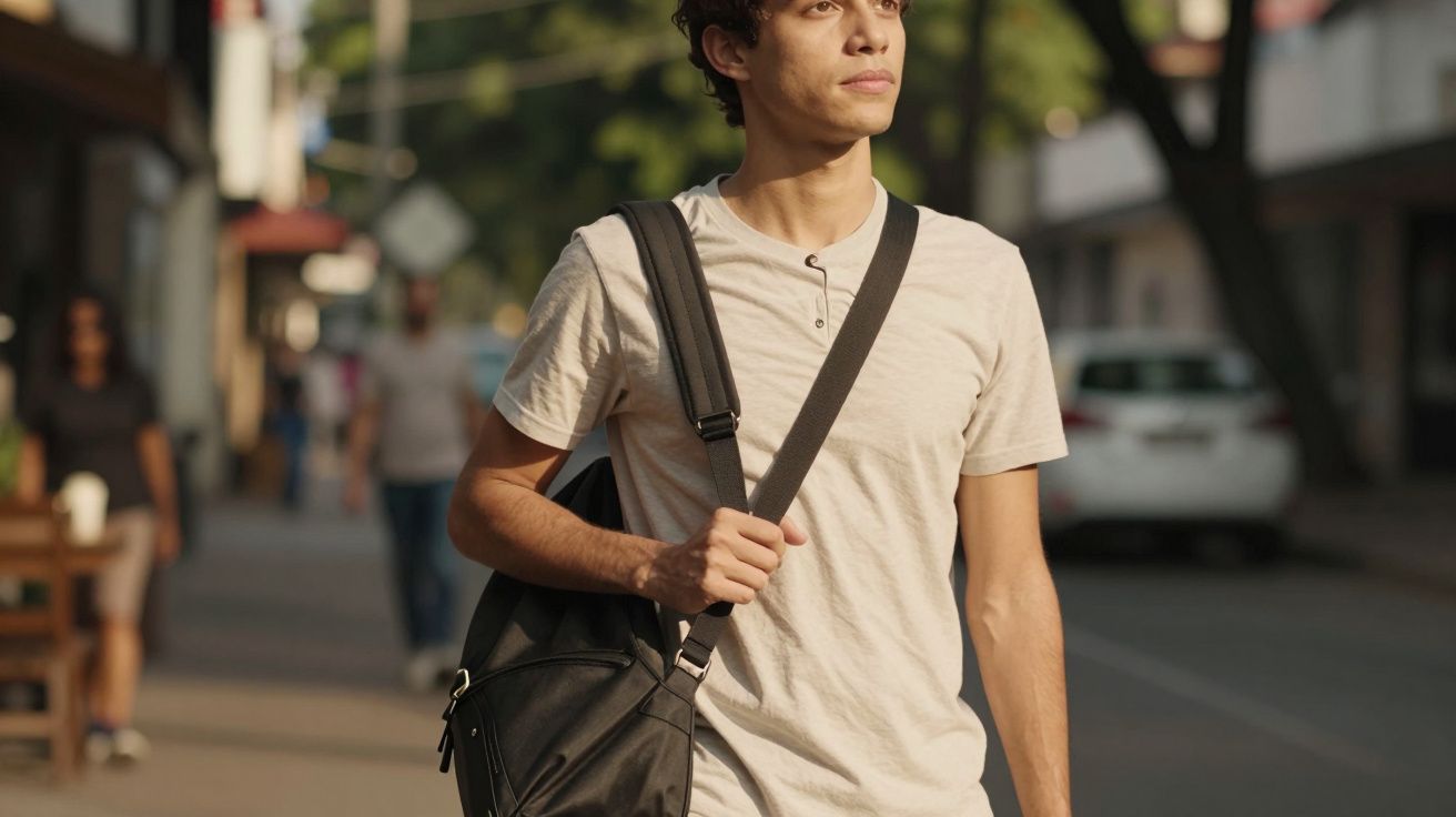 Jovem a caminhar na rua, vestindo uma camisola clara e carregando uma mala a tiracolo, ao fundo pessoas e carros.