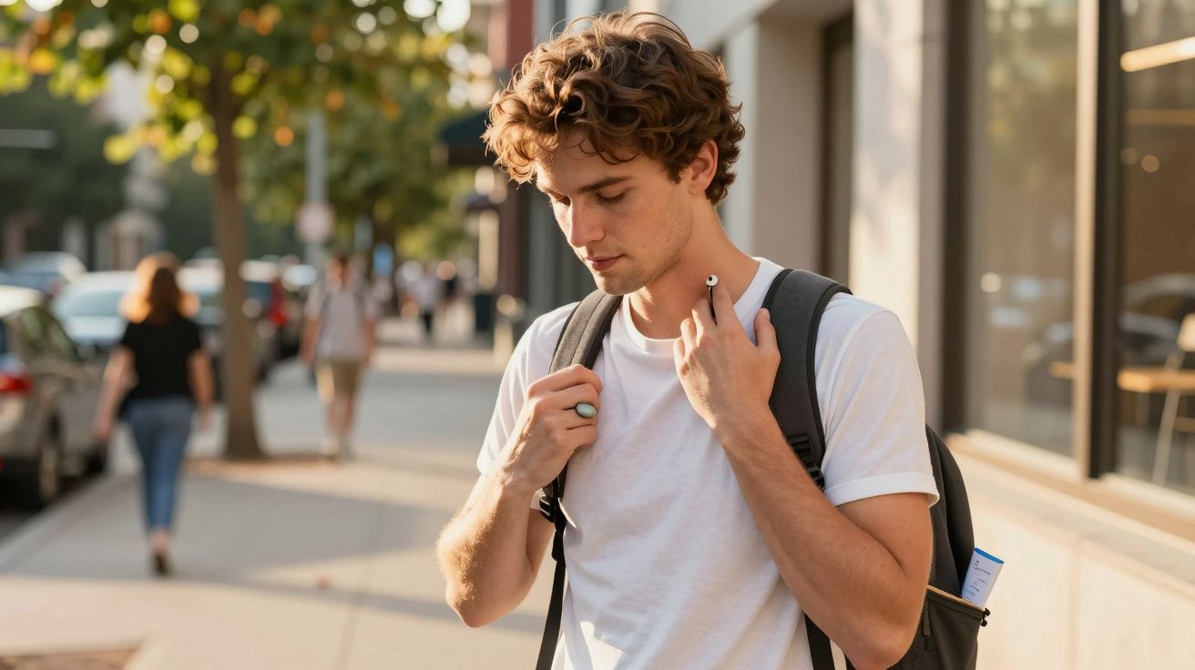 Jovem de cabelo encaracolado e mochila, caminha numa rua ensolarada.