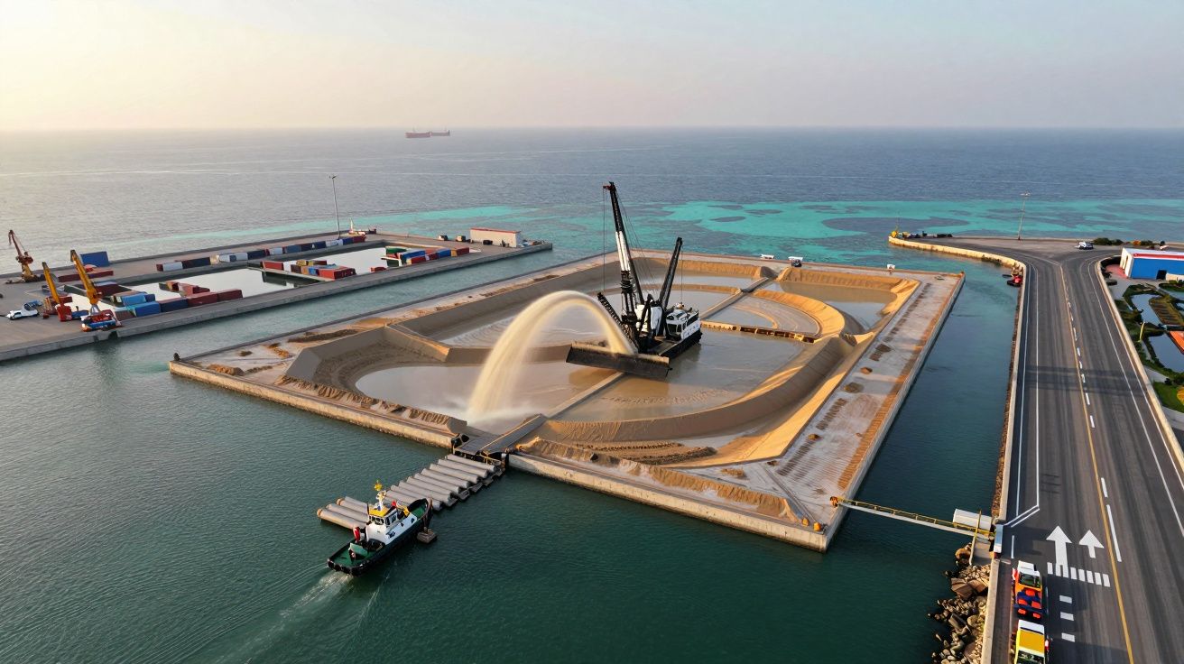 Vista aérea de porto com dragagem em andamento, gruas e contentores ao fundo, estrada à direita.