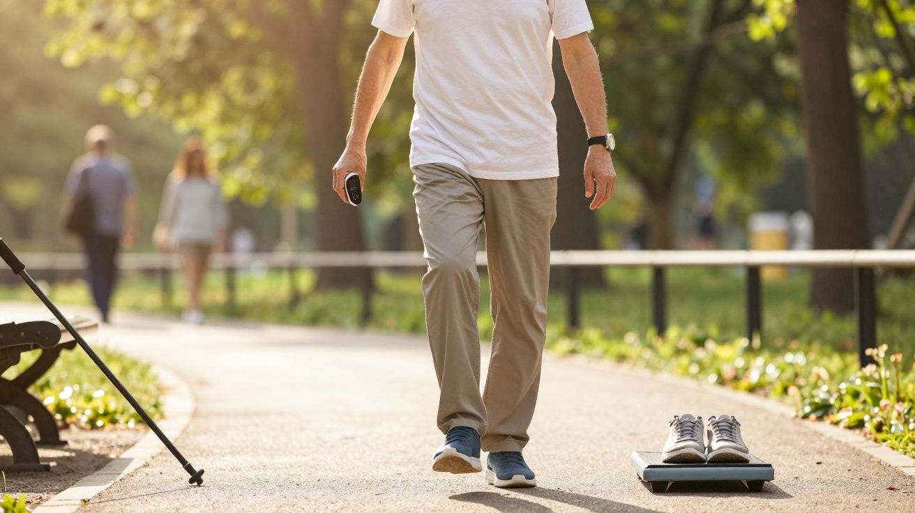 Homem a caminhar num parque com balança e sapatos ao chão.