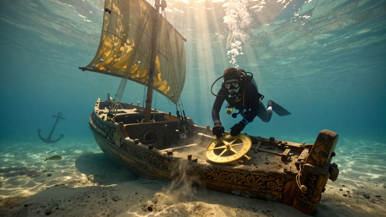 Mergulhador explora naufrágio de barco antigo submerso em águas cristalinas, voando sob luz solar.