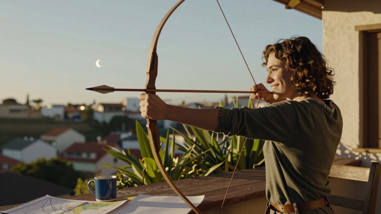 Pessoa a praticar tiro com arco numa varanda ao entardecer, com uma chávena azul e mapas na mesa ao lado.