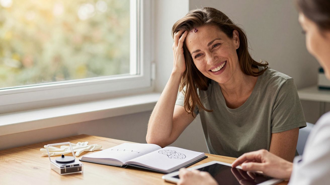 Mulher sorrindo conversa com profissional à mesa, com caderno e tablet, junto a janela iluminada.
