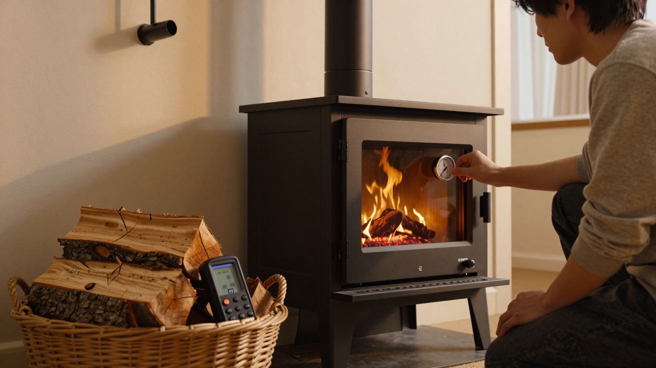 Pessoa ajusta o controlo de uma lareira a lenha com fogo aceso; ao lado, um cesto com lenha empilhada.
