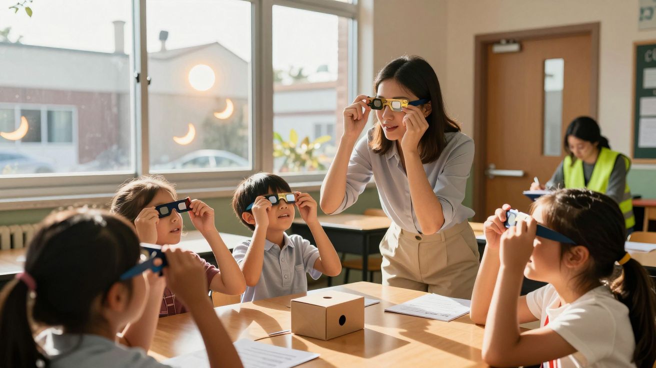 Crianças e professora usando óculos especiais numa sala de aula iluminada.