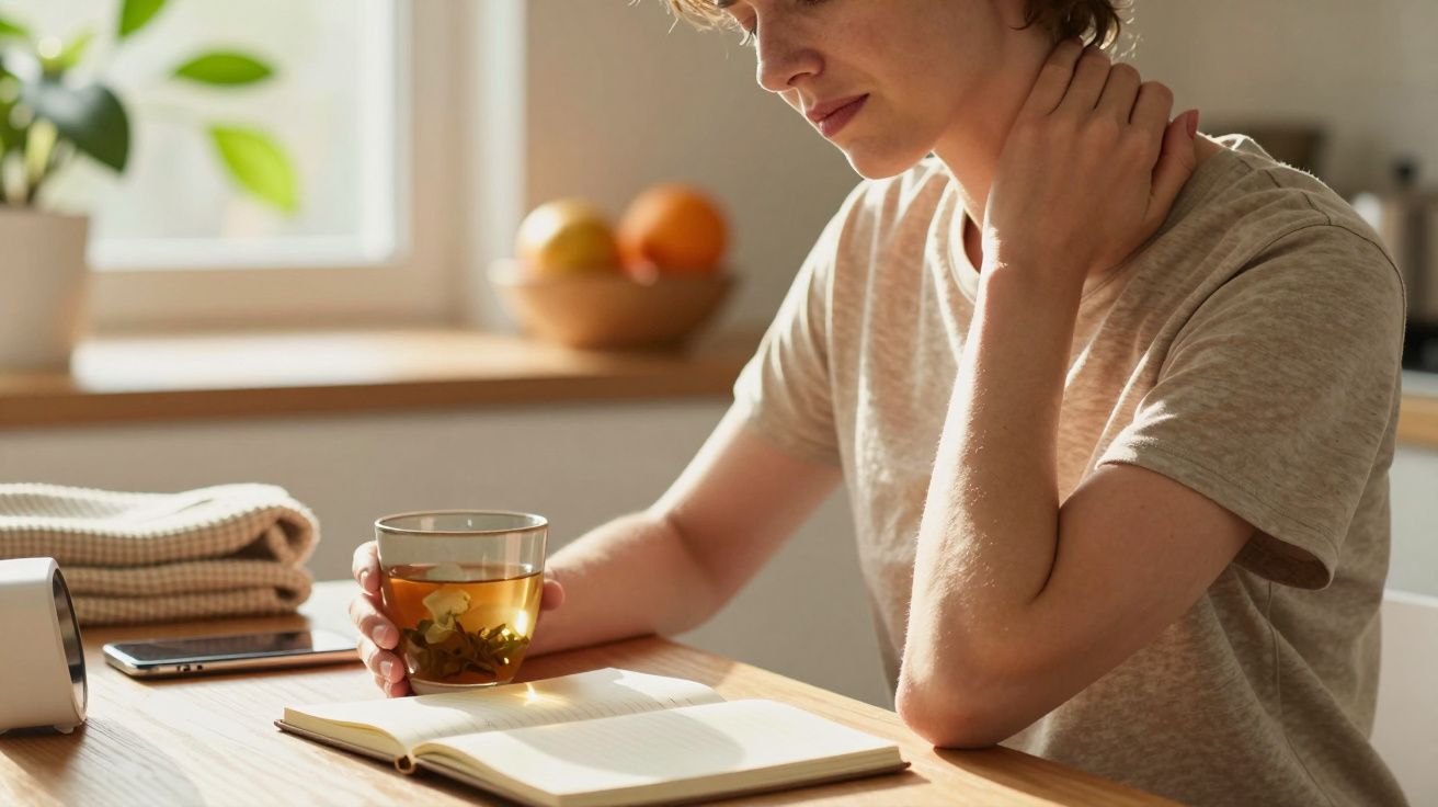 Pessoa sentada à mesa, segura chá e lê caderno; laranjas e luz suave ao fundo.