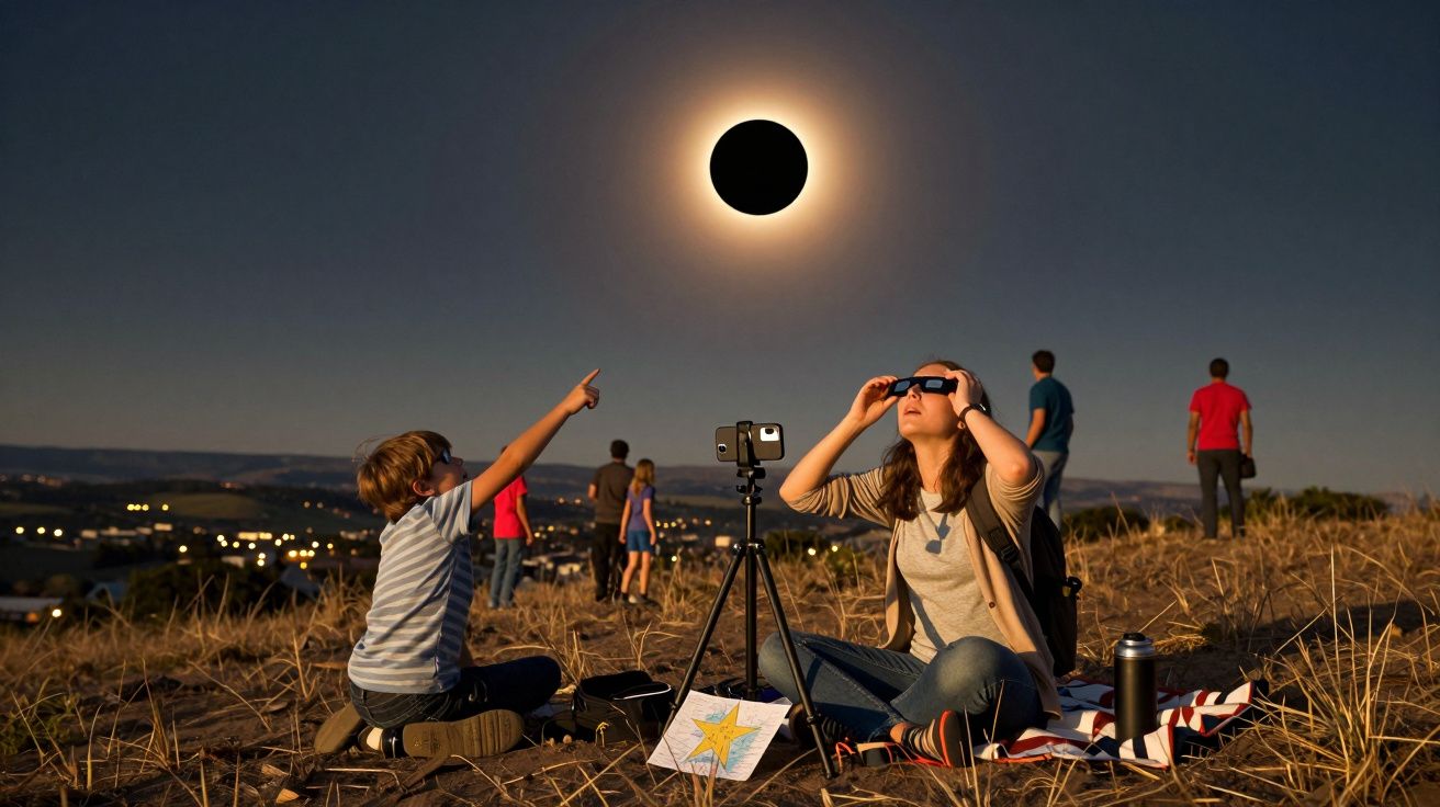 Pessoas observam um eclipse solar num campo, usando óculos especiais; uma criança aponta para o céu.