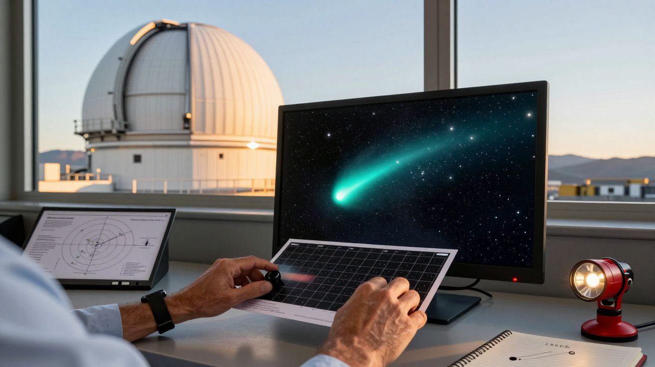 Pessoa observa cometa num monitor, com um observatório ao fundo e instrumentos de astronomia.
