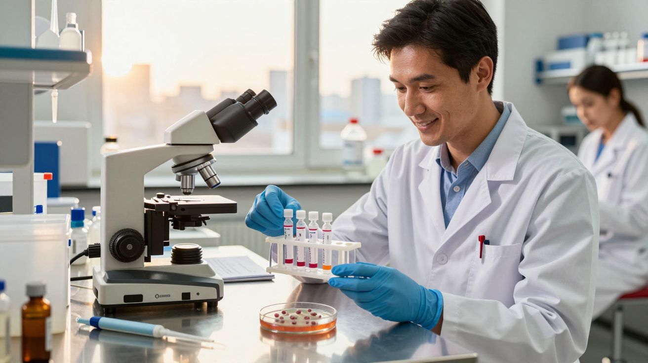 Cientista em laboratório, analisando amostras com um microscópio e usando luvas azuis.