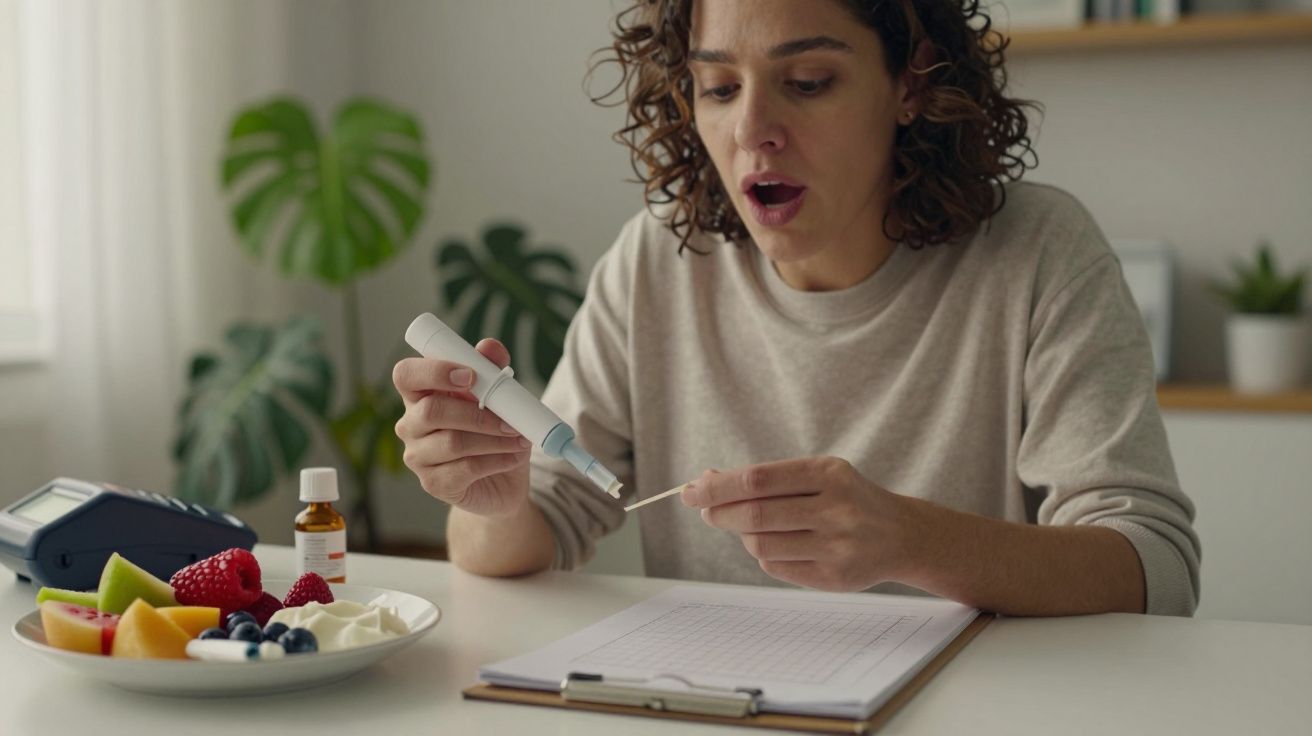 Mulher surpreendida ao testar glicose, rodeada de frutas e medidor num ambiente doméstico claro.