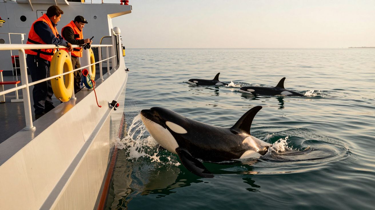 Três pessoas num barco avistam orcas a nadar no oceano.