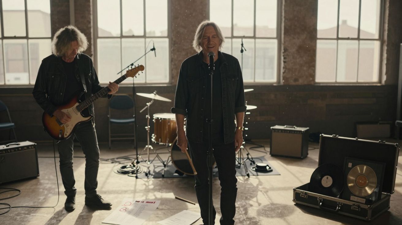 Dois músicos numa sala iluminada, um com guitarra e outro no microfone, cercados por equipamentos e discos de vinil.