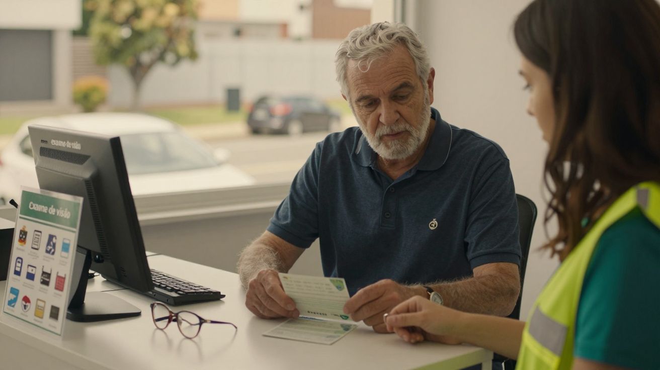 Homem idoso a receber instruções de uma mulher num balcão de atendimento com um computador e um cartaz informativo.