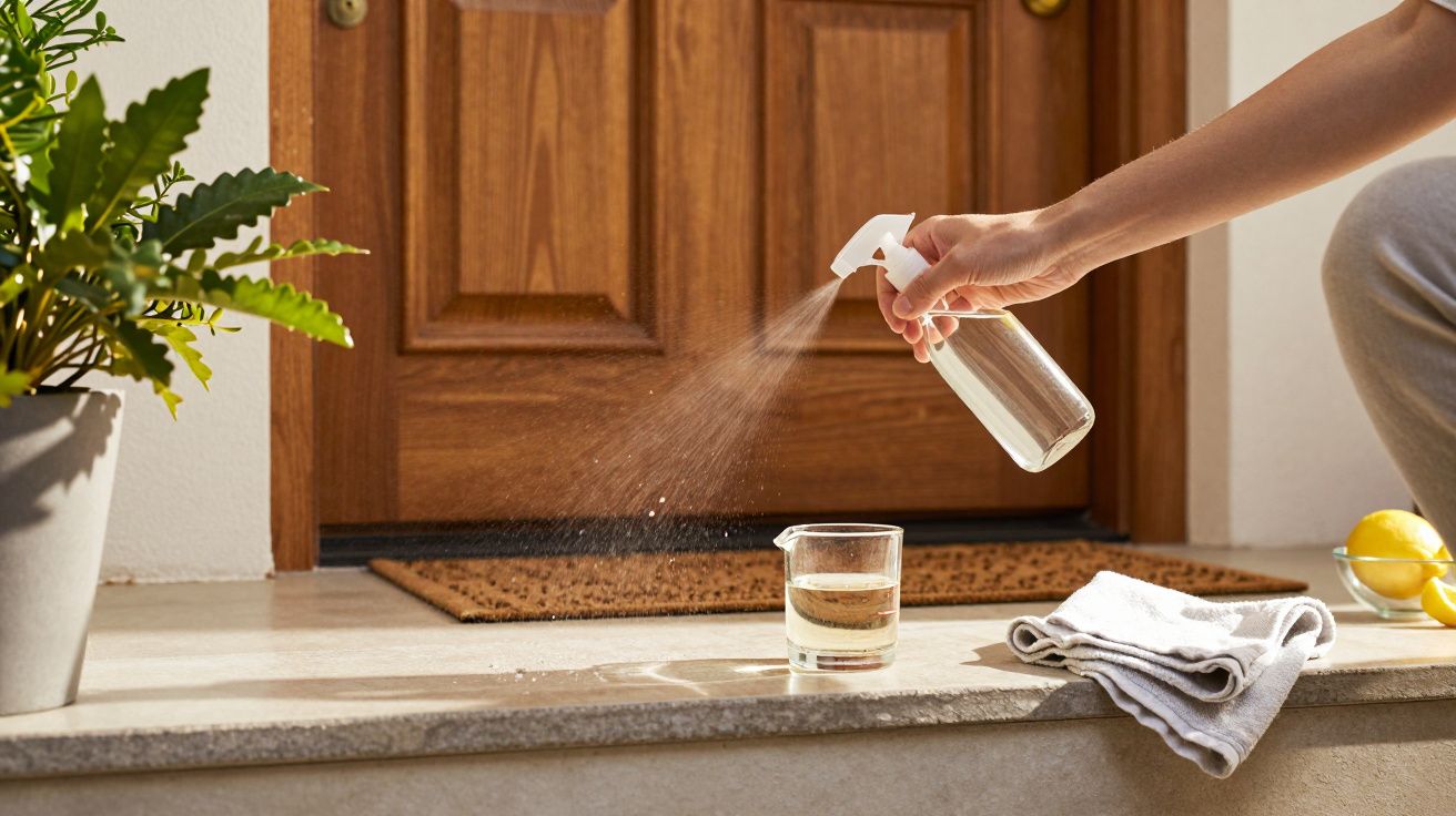 Mão borrifa água de um frasco sobre um copo em frente a uma porta, ao lado de um vaso e toalhas.