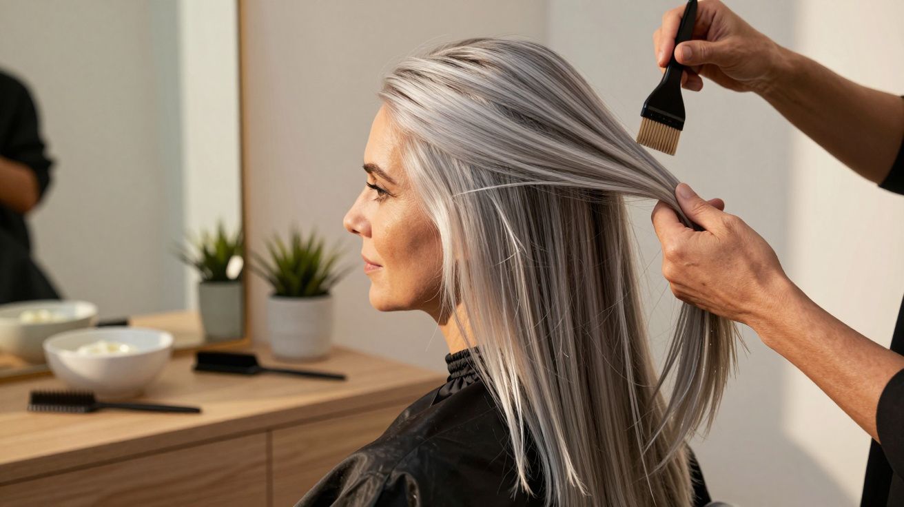 Mulher de cabelo grisalho em salão de beleza, cabeleireiro passa pincel nas mechas enquanto ela está sentada.