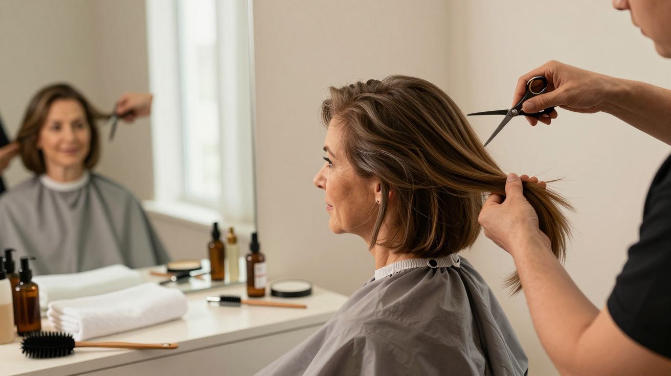 Mulher sentada no cabeleireiro, enquanto cabeleireiro corta o seu cabelo na frente de um espelho.