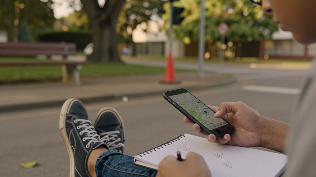 Pessoa sentada num banco ao ar livre, segurando um telemóvel com mapa e bloco de notas nas mãos, pés apoiados.