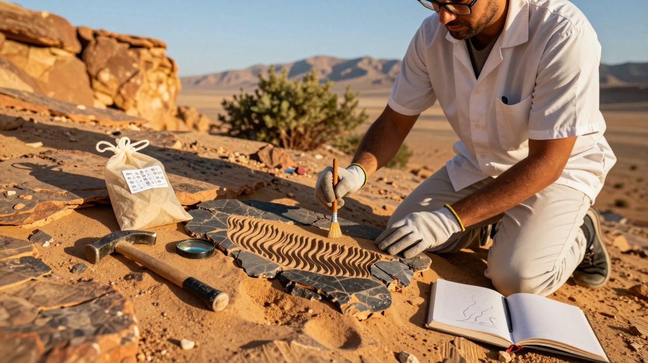 Arqueólogo escava fósseis no deserto, usando pincel e martelo, com caderno e amostras ao lado.