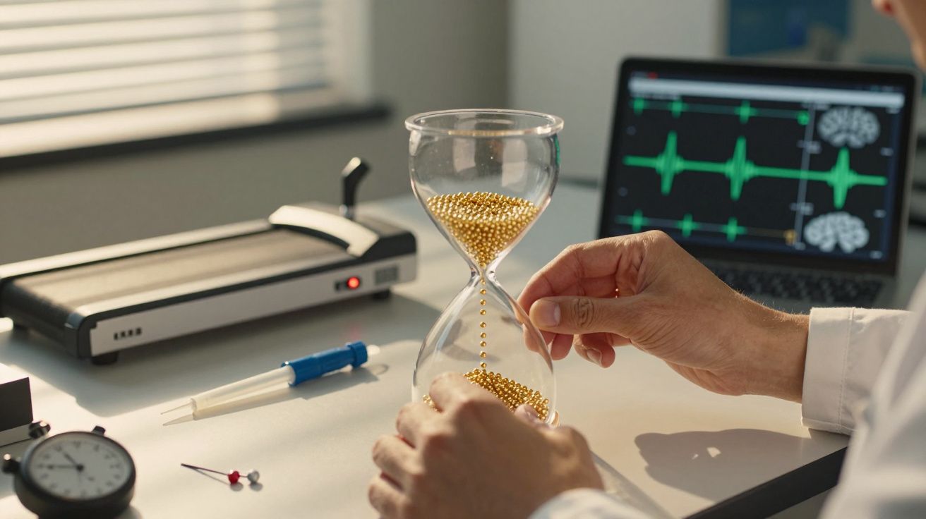 Mãos segurando ampulheta com esferas douradas, ao lado de laptop e equipamentos científicos em mesa de laboratório.