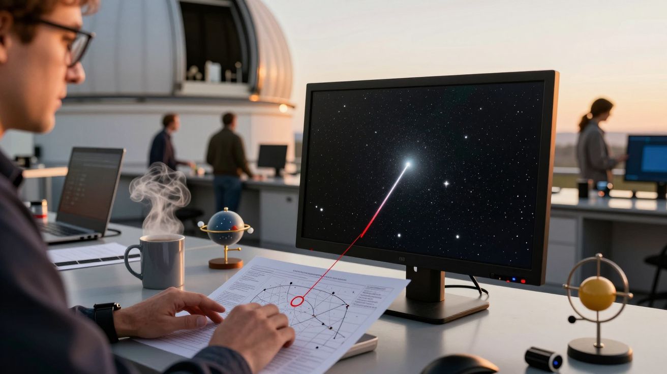 Pessoa observa monitor com estrelas no observatório, analisando gráficos e apontando para um documento sobre a mesa.
