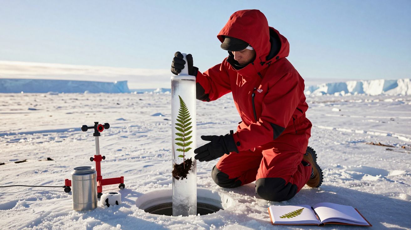 Cientista em traje vermelho examina amostra de gelo com folha verde no Ártico, com livro aberto ao lado.