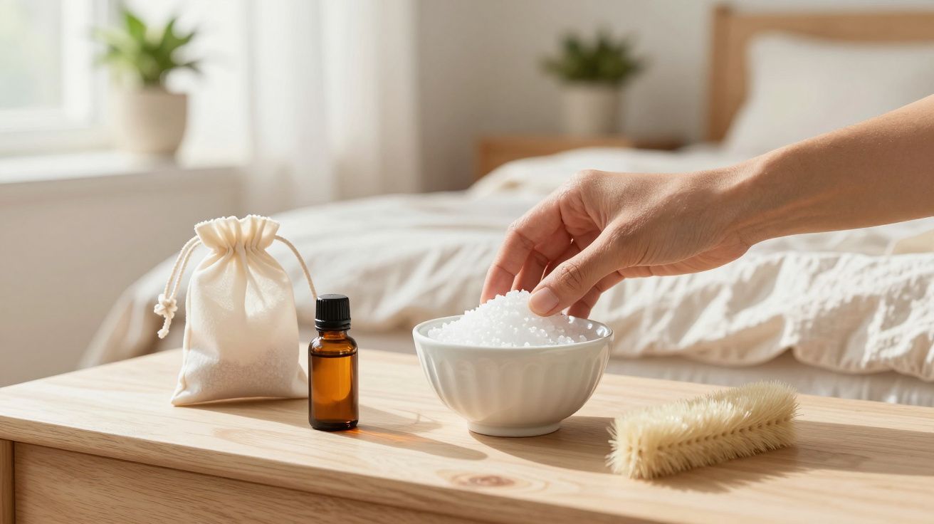 Mão pegando sal de banho de uma tigela, ao lado de frasco de óleo essencial, escova e saco de tecido, em mesa de madeira.