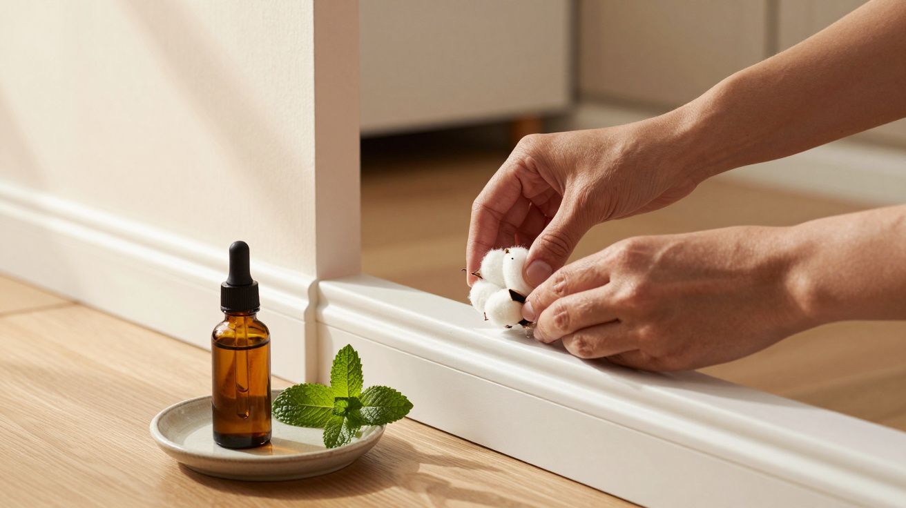 Mãos colocando bolas de algodão numa esquina de rodapé, com garrafa de vidro âmbar e hortelã num prato ao lado.