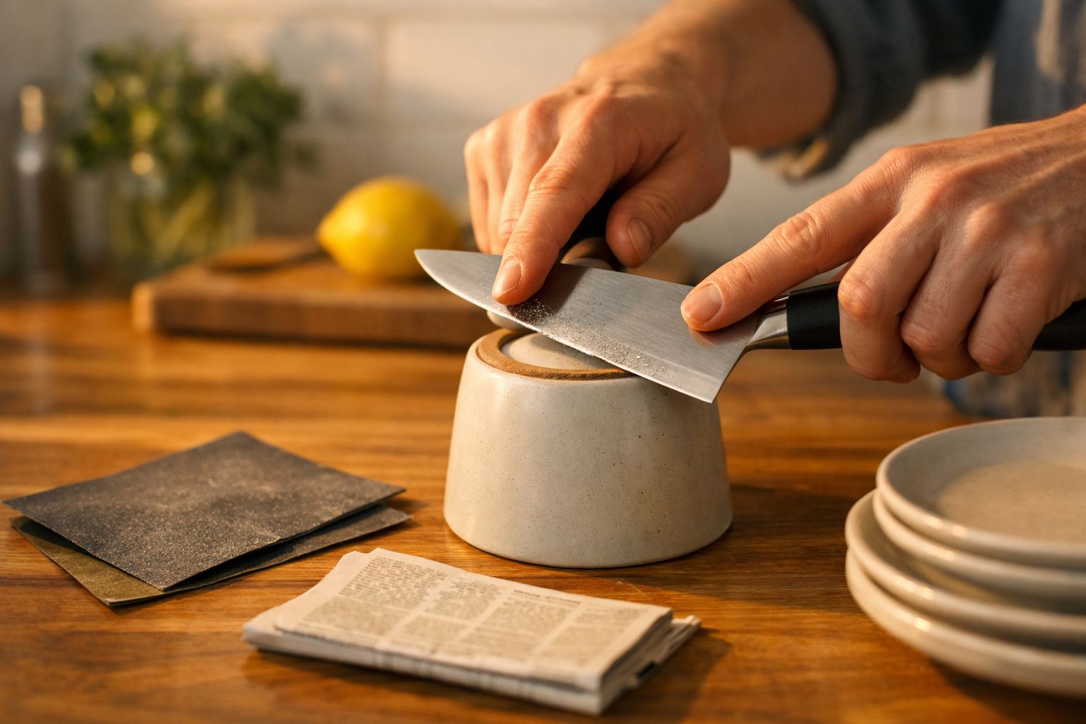 Mãos afiando uma faca em caneca de cerâmica invertida numa bancada de cozinha com limão e pratos ao fundo.