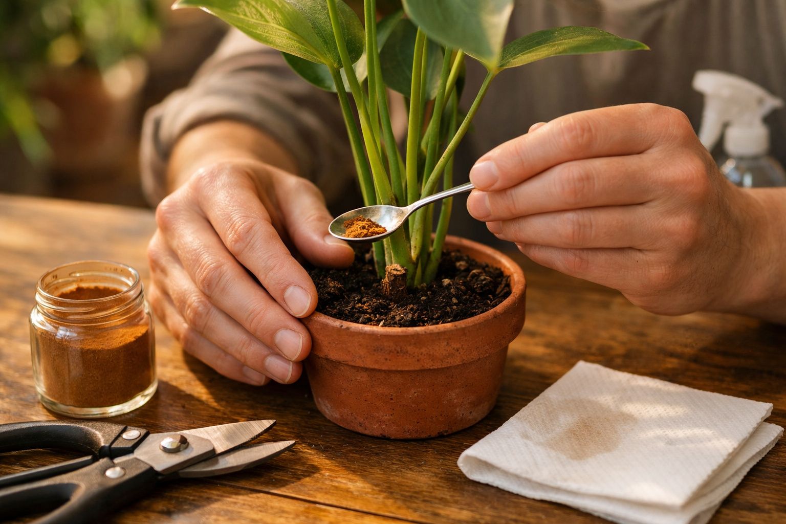 Pessoa adiciona canela em pó a planta num vaso de barro sobre mesa de madeira.