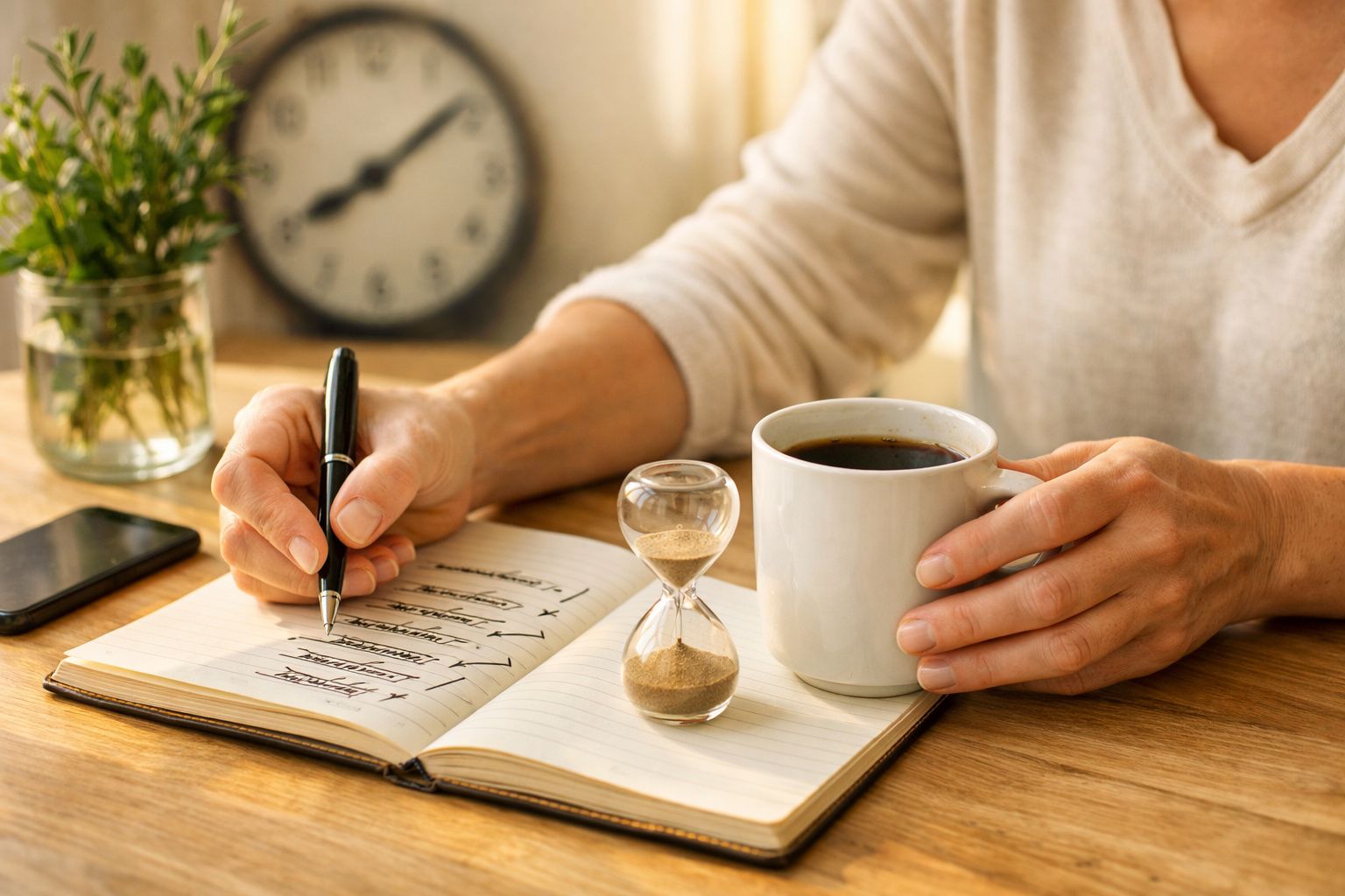 Pessoa ajusta lista numa moldura de cortiça numa cozinha com chá, relógio, smartphone e laranjas sobre a bancada.