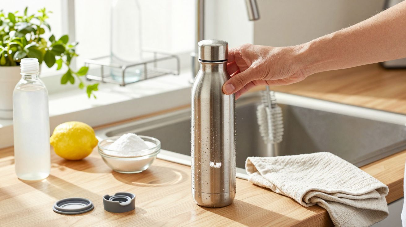 Mão segurando uma garrafa de aço inoxidável em bancada de cozinha, com limão e toalha ao lado.