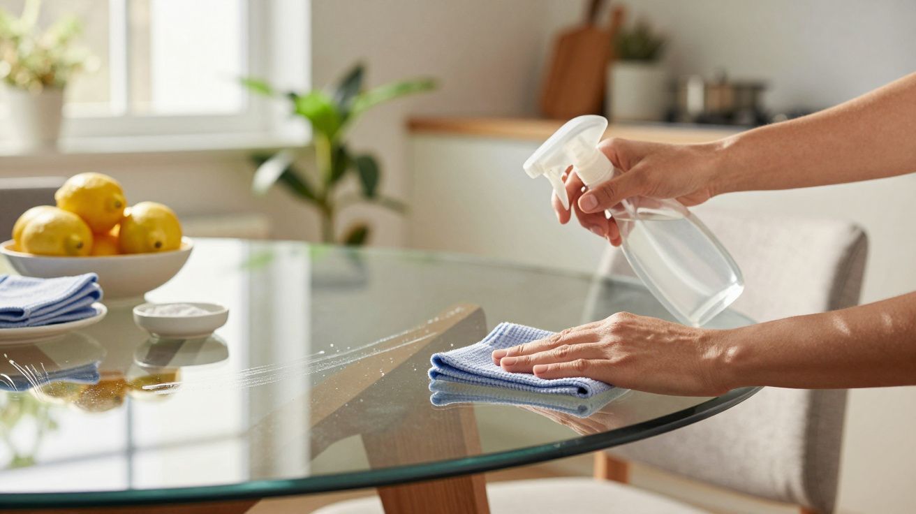 Mãos limpam mesa de vidro com pano e spray de limpeza em cozinha iluminada, frutas ao fundo.