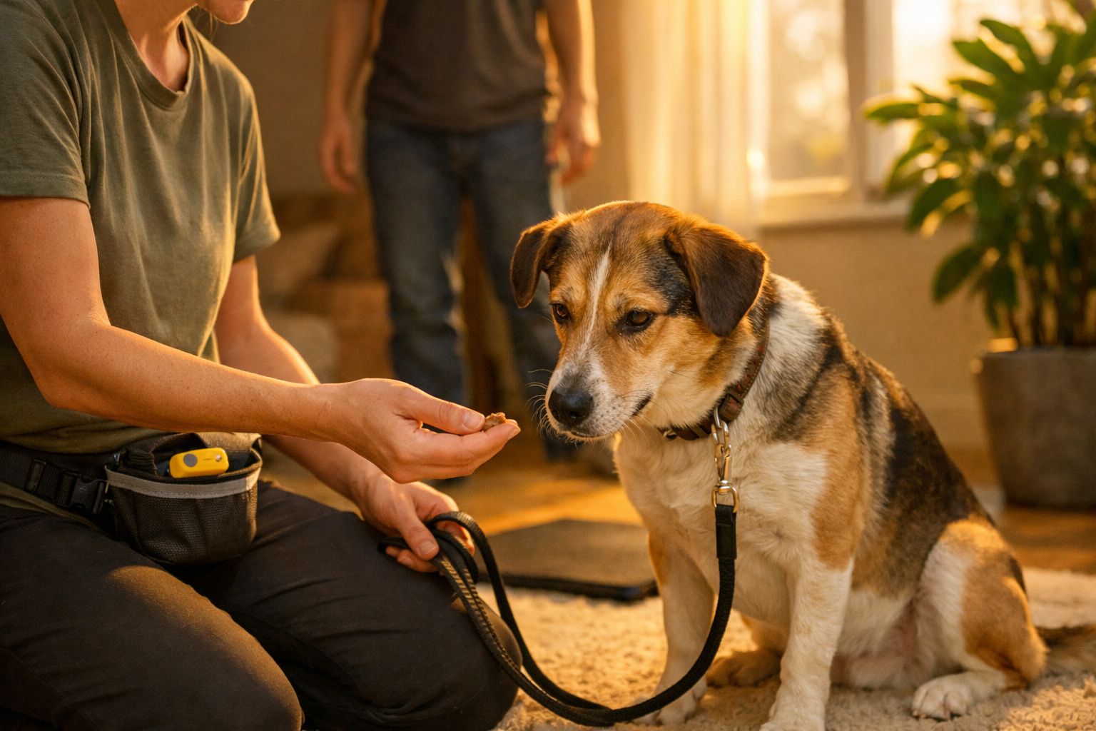 Pessoa ensina truque a cão sentado, oferecendo-lhe uma guloseima numa sala iluminada, com planta ao fundo.