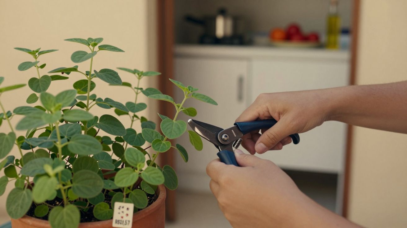 Pessoa a podar uma planta em vaso com tesoura de jardinagem.