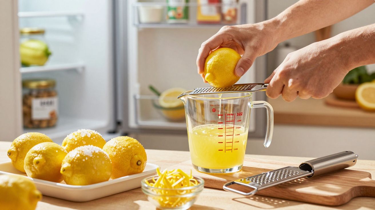 Mãos a ralar um limão sobre um medidor de vidro com sumo de limão, num balcão com raspas e limões inteiros.