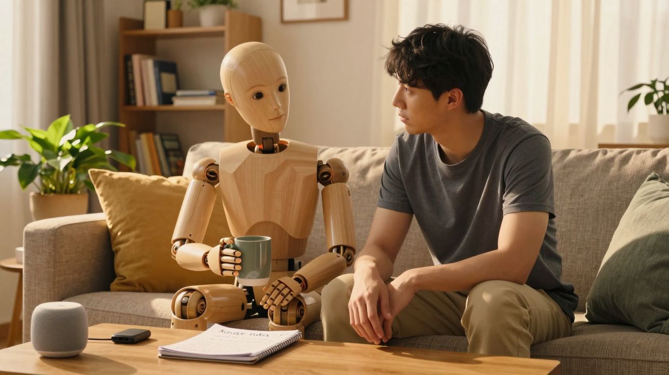 Homem sentado em sofá olhando para robô de madeira com chávena, em sala aconchegante com livros e plantas.