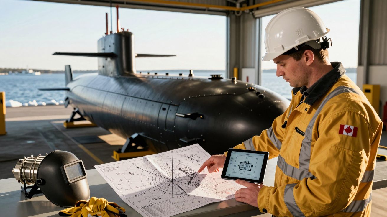 Homem com capacete revê planos de submarino no estaleiro, segurando tablet e papel com diagramas.