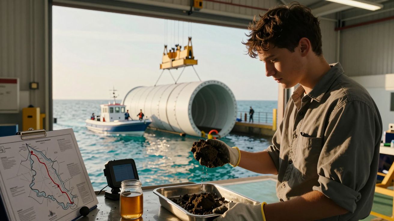 Homem analisa amostra de solo em laboratório com vista para mar; barco e estrutura tubular ao fundo.