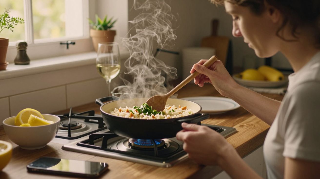 Mulher cozinha numa frigideira ao lume numa cozinha iluminada, com vegetais frescos e copo de vinho ao lado.