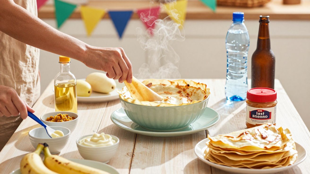 Mesa com panquecas, frutas, uma garrafa de água, cerveja, manteiga de amendoim e uma pessoa preparando um prato.