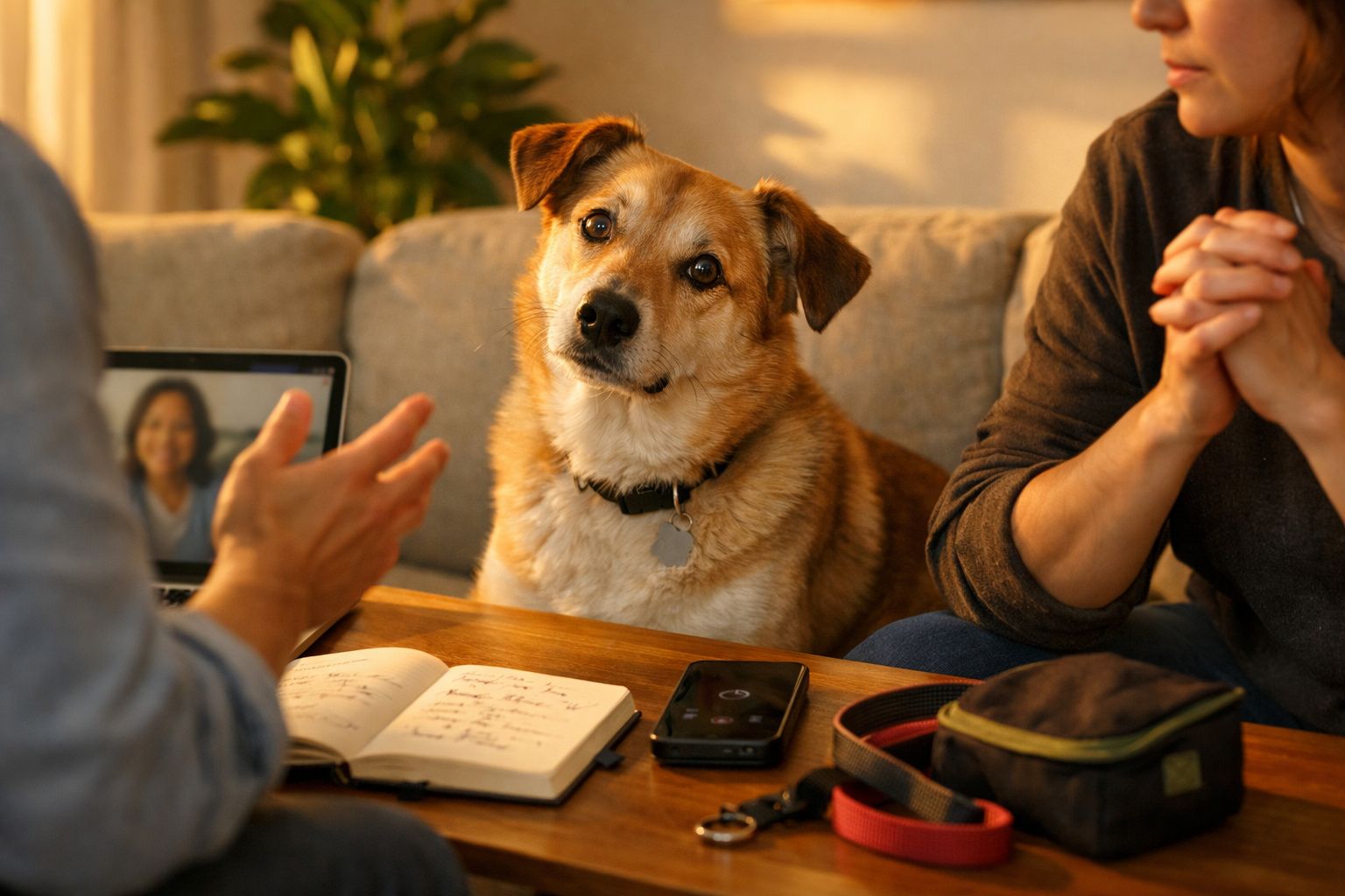 Cão curioso entre duas pessoas numa sala, com um portátil e caderno sobre a mesa.