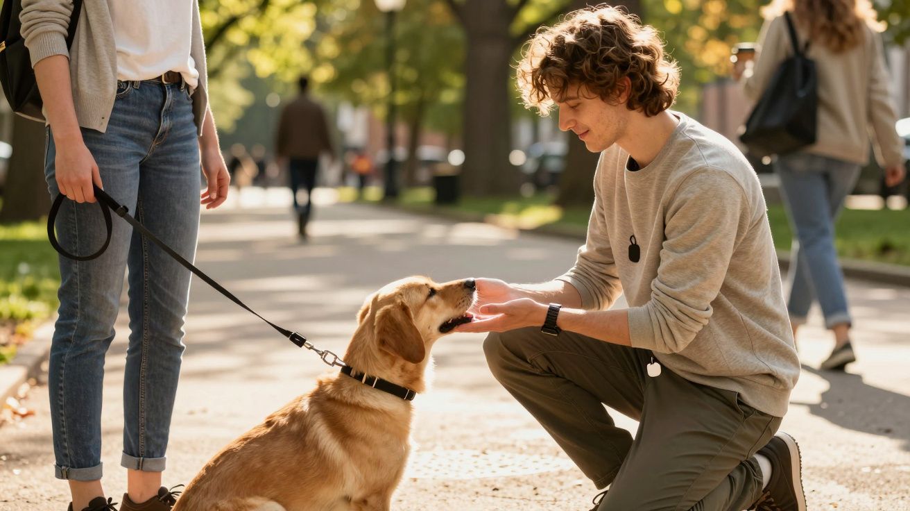 Jovem ajoelhado acaricia um cão dourado numa coleira, segurada por outra pessoa, num parque urbano ensolarado.