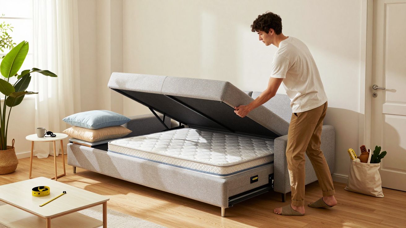 Homem a abrir sofá-cama cinza numa sala iluminada, com plantas e móveis modernos em tons neutros.