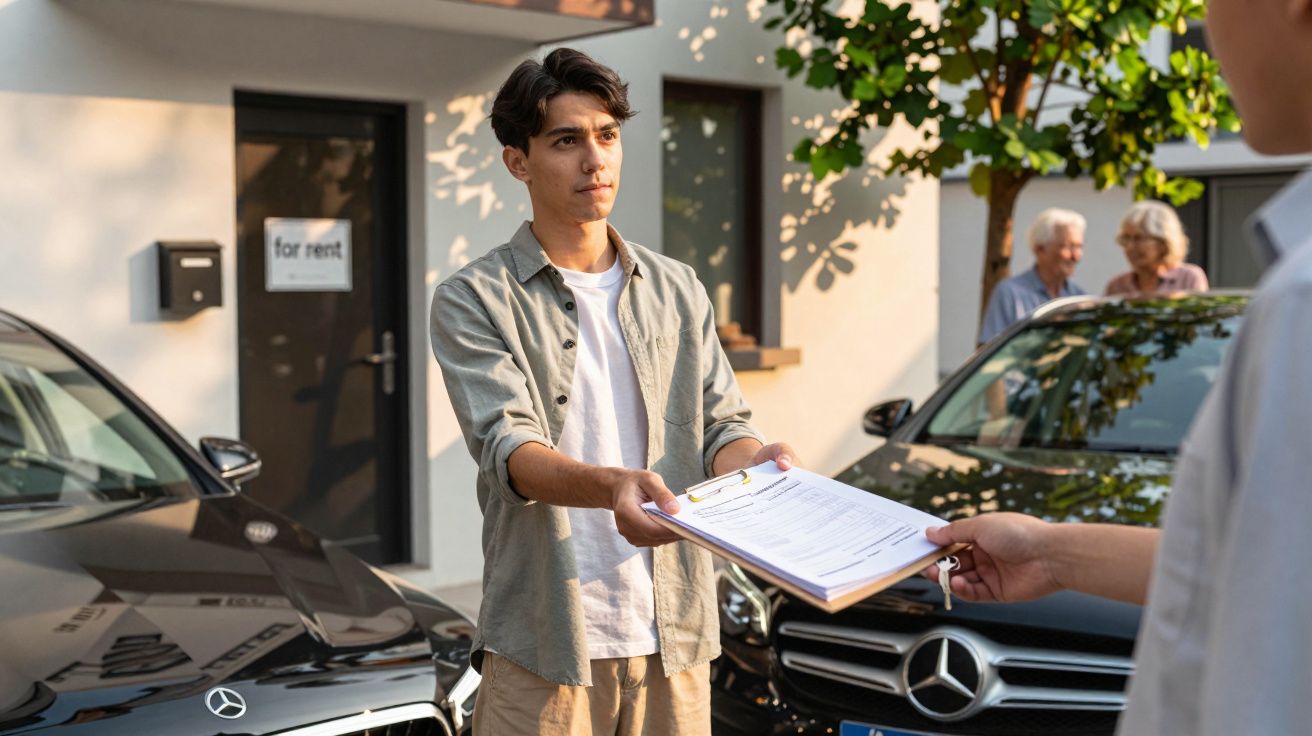 Jovem entregando documentos a homem em frente a carros com sinal de "aluga-se" ao fundo, duas pessoas ao fundo.