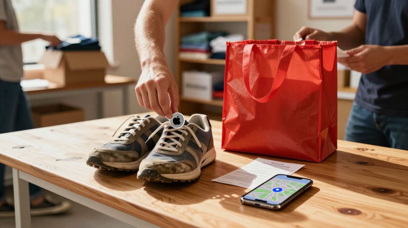 Pessoa coloca dispositivo de rastreamento em ténis, junto a telemóvel com mapa e saco vermelho numa mesa de madeira.