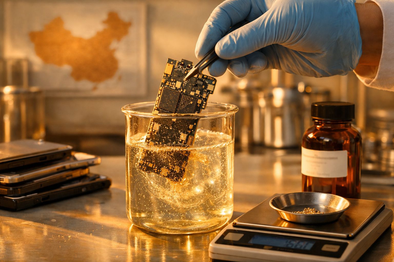 Pessoa com luvas coloca um circuito impresso num béquer com líquido âmbar, num laboratório.