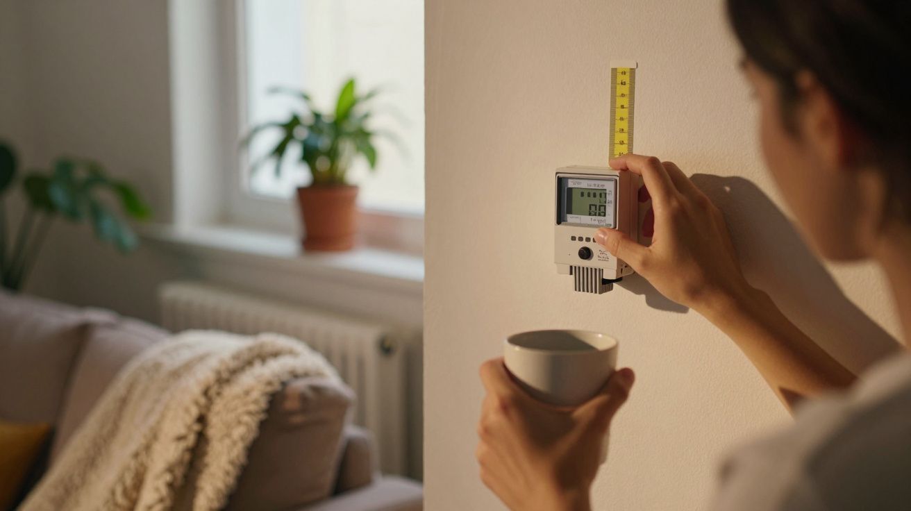 Pessoa ajusta termóstato na parede, segurando uma chávena, com uma fita métrica ao lado, em sala de estar iluminada.