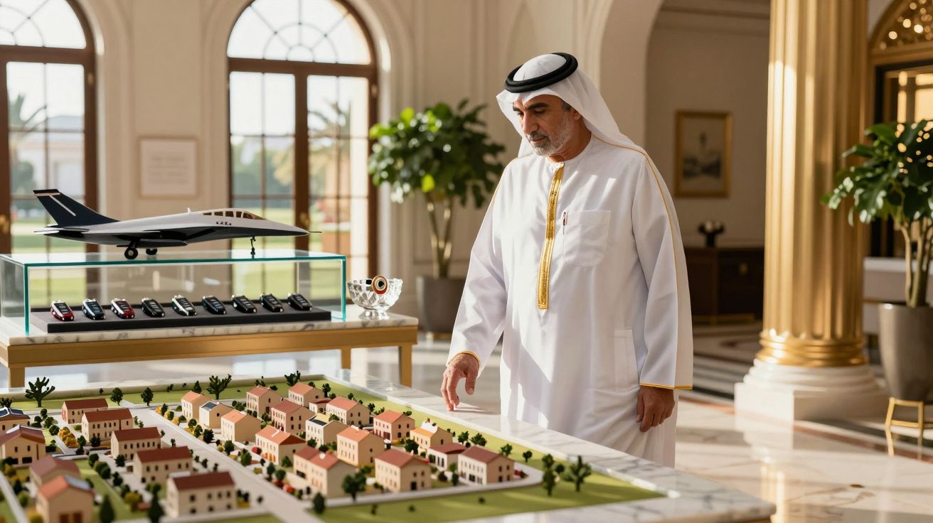 Homem em traje árabe examina maquete de um complexo residencial luxuoso em ambiente opulento com miniaturas de carros e avião