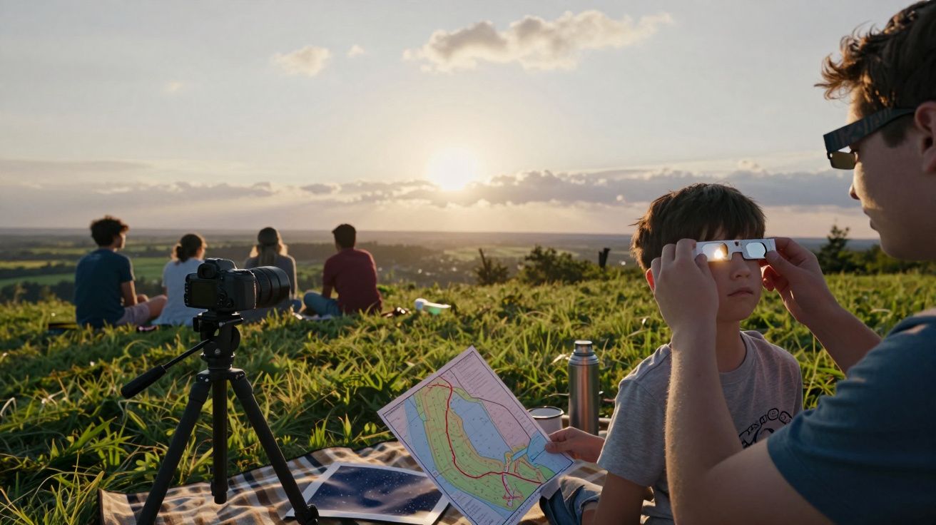 Grupo a observar pôr do sol no campo; uma criança usa óculos especiais enquanto um adulto segura mapa e câmara ao lado.