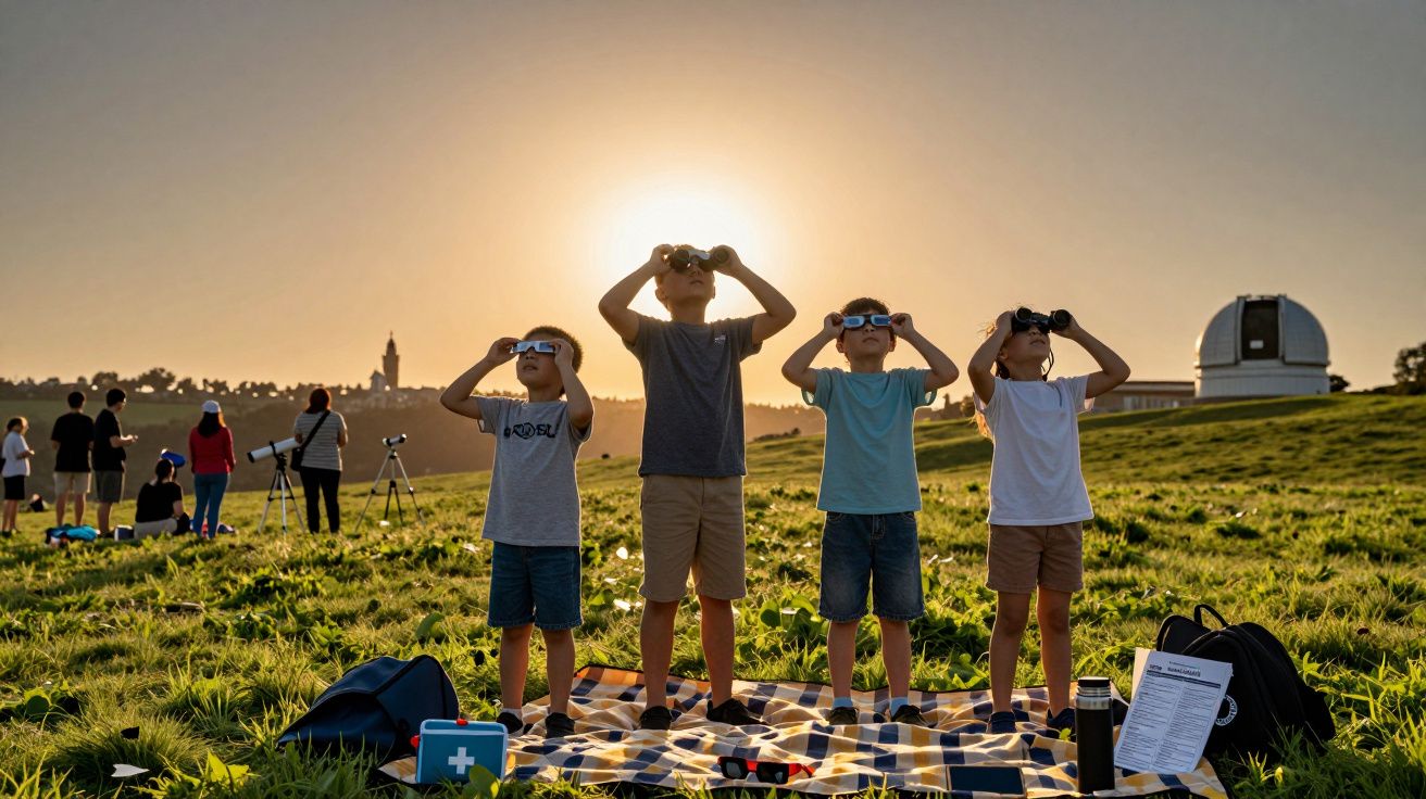 Crianças observam o céu ao pôr do sol com óculos especiais, em pé sobre um cobertor num campo gramado.